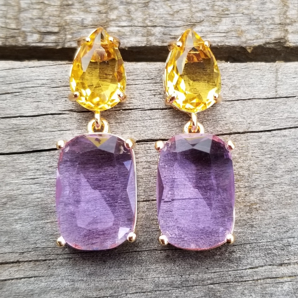 14k Gold Purple Alexandrite & Citrine   Stud Earrings, Alexandrite Dangle